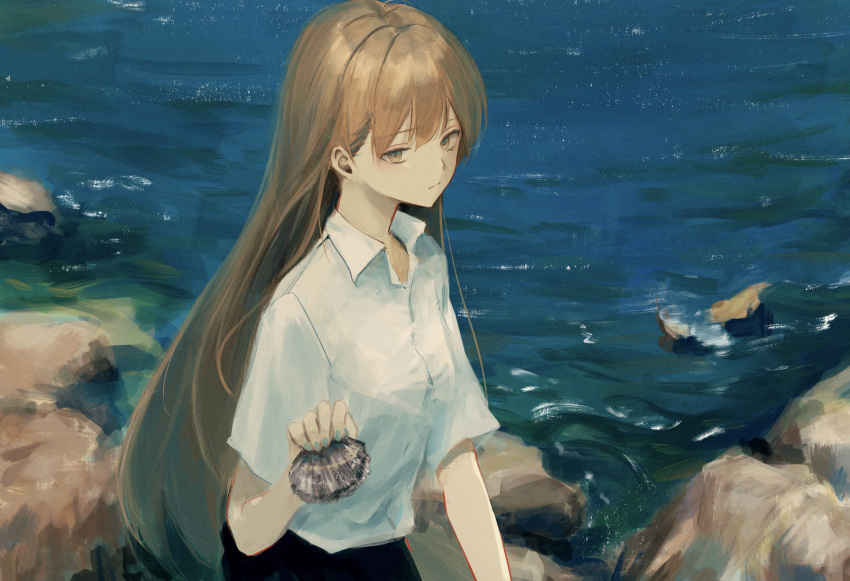 7ife absurdres bad_id bad_pixiv_id brown_eyes brown_hair closed_mouth collared_shirt commentary day english_commentary female highres holding holding_shell long_hair looking_at_viewer ocean original outdoors school_uniform shell shirt short_sleeves solo upper_body white_shirt