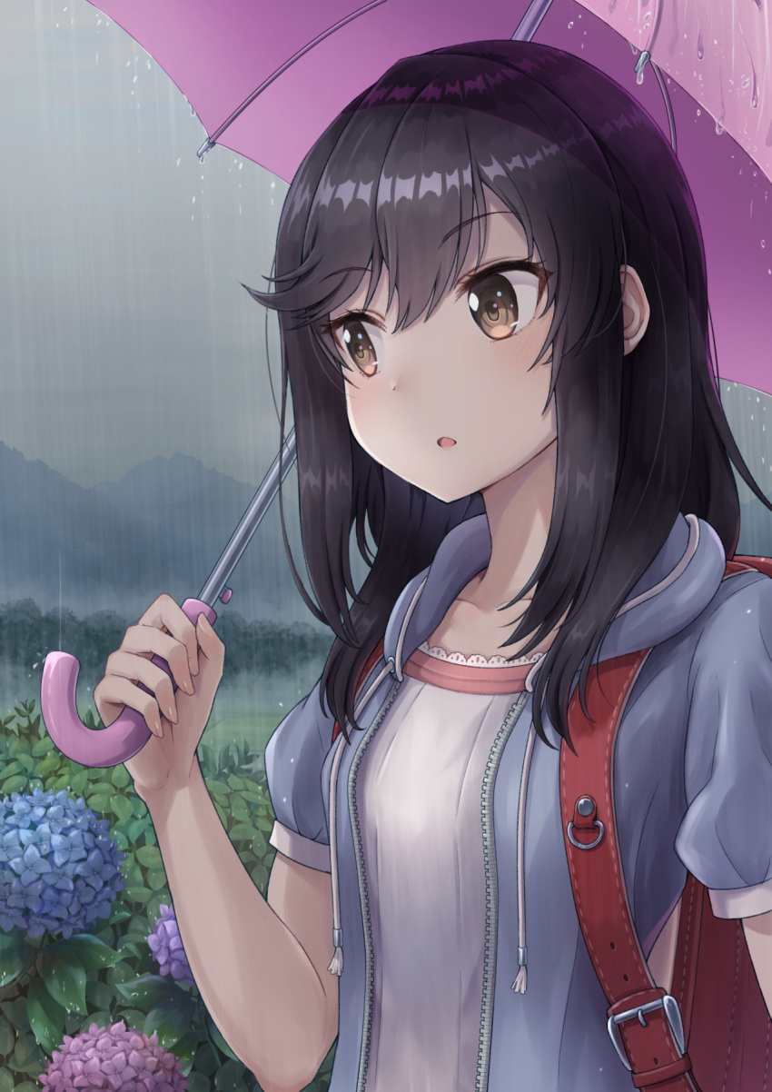 :o backpack bag black_hair blouse blue_flower blue_hoodie blush brown_eyes bush close-up female flower forest frilled_shirt frills grass grey_sky hair_between_eyes hair_over_shoulder highres holding holding_umbrella hood hoodie hydrangea ichijou_hotaru komashiro_n long_hair looking_to_the_side mountain nature non_non_biyori open_clothes open_hoodie open_mouth outdoors pink_flower pink_umbrella purple_flower rain randoseru red_bag scenery shirt short_sleeves sky solo tree umbrella upper_body white_shirt