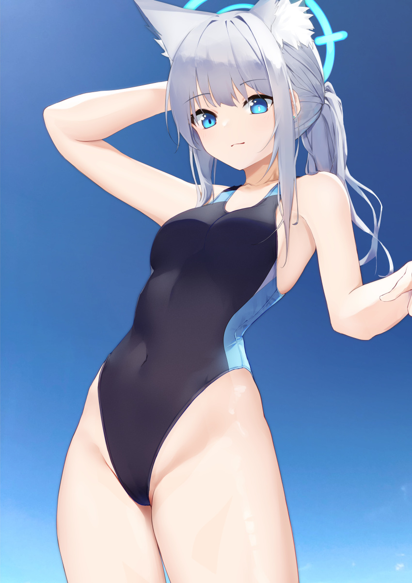 absurdres animal_ear_fluff animal_ears black_one-piece_swimsuit blue_archive blue_background blue_eyes breasts competition_swimsuit covered_navel cross_hair_ornament extra_ears female gradient_background grey_hair hair_ornament halo highleg highleg_swimsuit highres kotoha_(kotoha65) leaning_back low_ponytail medium_breasts medium_hair mismatched_pupils multicolored_clothes multicolored_swimsuit official_alternate_costume one-piece_swimsuit shiroko_(blue_archive) shiroko_(swimsuit)_(blue_archive) solo swimsuit wolf_ears