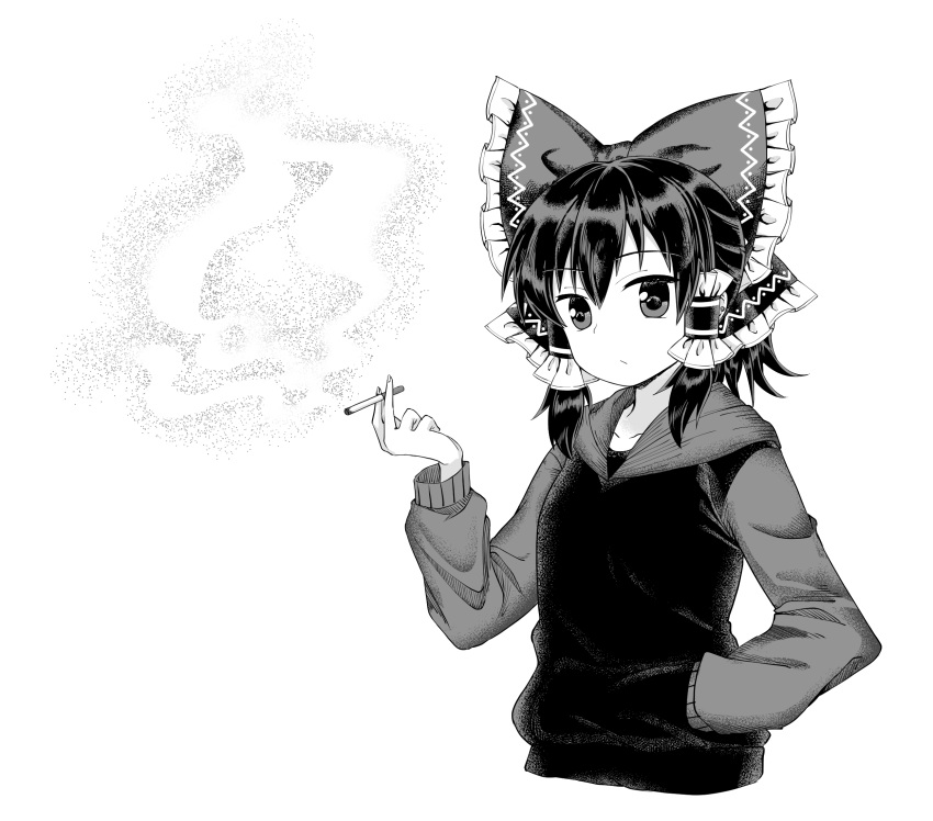 bow cigarette closed_mouth commentary cookie_(touhou) female frilled_bow frills gnzy greyscale hair_between_eyes hair_tubes hairbow hakurei_reimu hand_in_pocket highres holding holding_cigarette hood hoodie long_sleeves looking_at_viewer maru_(cookie) monochrome shirt short_hair simple_background smoke smoking solo touhou upper_body white_background