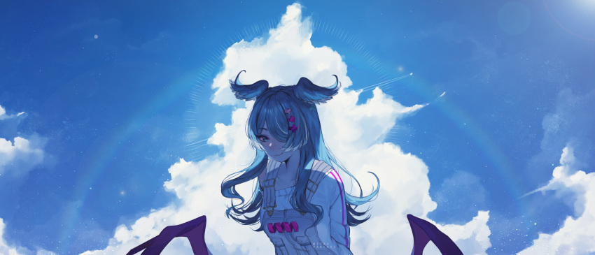 blue_eyes blue_hair blue_sky closed_mouth cloud commentary cumulonimbus_cloud elira_pendora elira_pendora_(1st_costume) female grey_overalls hair_ornament hairclip head_wings highres looking_at_viewer low_wings mole mole_on_shoulder nijisanji nijisanji_en off_shoulder overalls sky smile solo sweater terupancake virtual_youtuber white_sweater wings