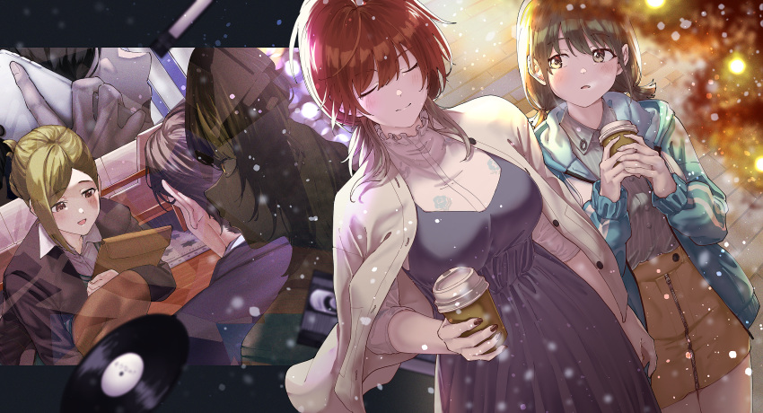 1boy 1other 4girls aketa_mikoto blurry blush breasts closed_eyes cup depth_of_field fingernails highres holding holding_cup idolmaster idolmaster_shiny_colors ikaruga_luca jacket jacket_on_shoulders kaede_(harutan109) large_breasts light_particles looking_at_another multiple_girls nail_polish nanakusa_hazuki nanakusa_nichika office_lady outdoors producer_(idolmaster) record short_twintails smile talking_on_phone tumbler twintails