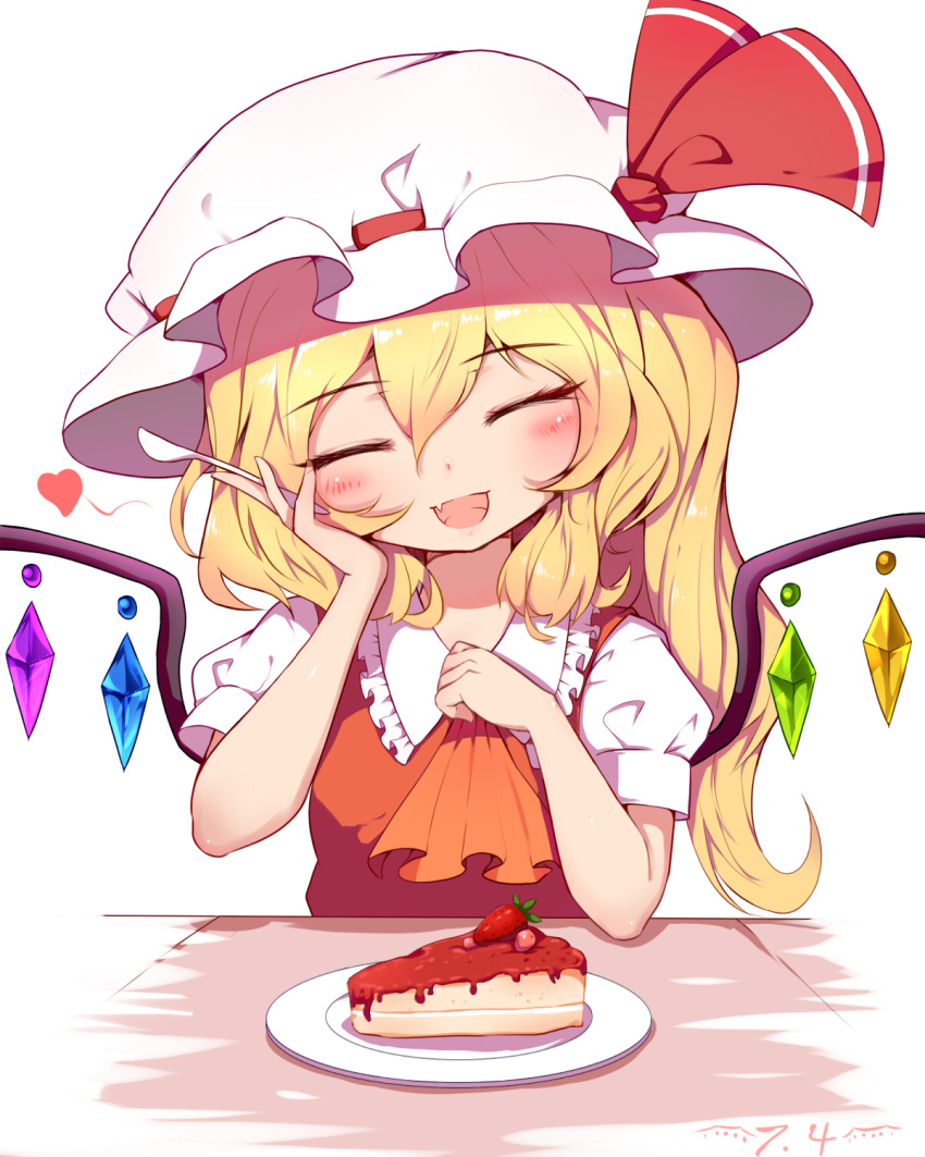 ascot blonde_hair blush breasts cake closed_eyes collared_shirt commentary_request crystal dress eyelashes female flandre_scarlet food frills hair_between_eyes hand_on_own_face hands_up happy hat hat_ribbon heart highres jewelry medium_breasts mob_cap multicolored_wings oerba_yun_fang one_side_up open_mouth orange_ascot plate puffy_short_sleeves puffy_sleeves red_dress red_ribbon ribbon shirt short_hair short_sleeves simple_background sitting smile snozaki solo spoon table tongue touhou white_background white_hat white_shirt wings