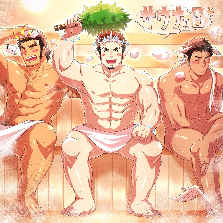 3boys ^_^ abs animal_ears antenna_hair arm_hair bara bird_ears black_hair blonde_hair blush chest_hair closed_eyes closed_mouth crossed_legs facial_hair goatee head_wings hermes_(housamo) highres holding large_pectorals leg_hair long_sideburns male_focus multicolored_hair multiple_boys muscular muscular_male navel nipples nude open_mouth pectorals sauna short_hair sideburns sitting smile snowflakes steam stubble tepen_(tptptpn) tokyo_afterschool_summoners tomte_(housamo) towel towel_around_waist translation_request two-tone_hair wings yamasachihiko_(housamo)