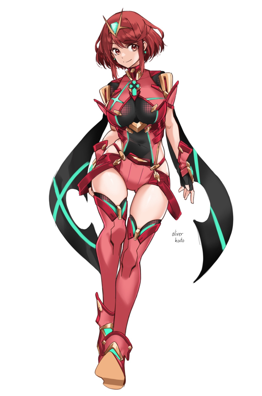 breasts female highres large_breasts oliver_koito pyra_(xenoblade) red_eyes red_hair short_hair shorts skindentation solo thighhighs white_background xenoblade_chronicles_(series) xenoblade_chronicles_2