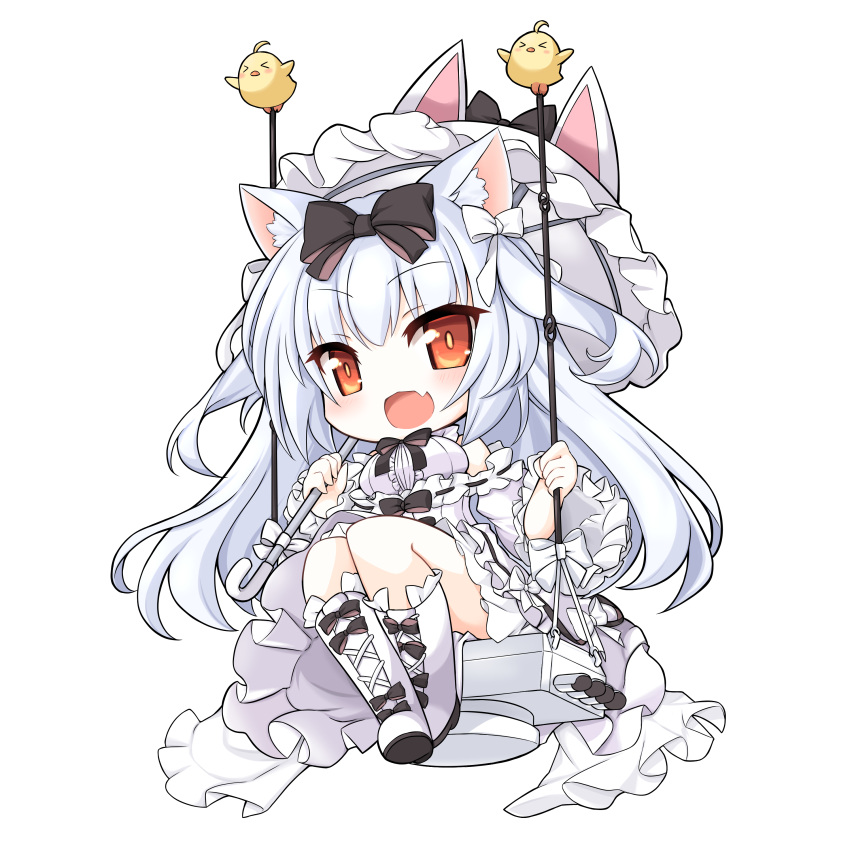 :d absurdres azur_lane bird boots bow chibi chick commentary_request detached_sleeves dress eyes_visible_through_hair female frilled_dress frills hair_between_eyes hairbow highres holding kinomiki_nobori knee_boots long_hair long_sleeves looking_at_viewer machinery manjuu_(azur_lane) official_alternate_costume open_mouth orange_eyes parasol sidelocks sitting smile torpedo_tubes transparent_background umbrella white_dress white_hair yukikaze_(azur_lane) yukikaze_(sovereign_of_the_swing)_(azur_lane)