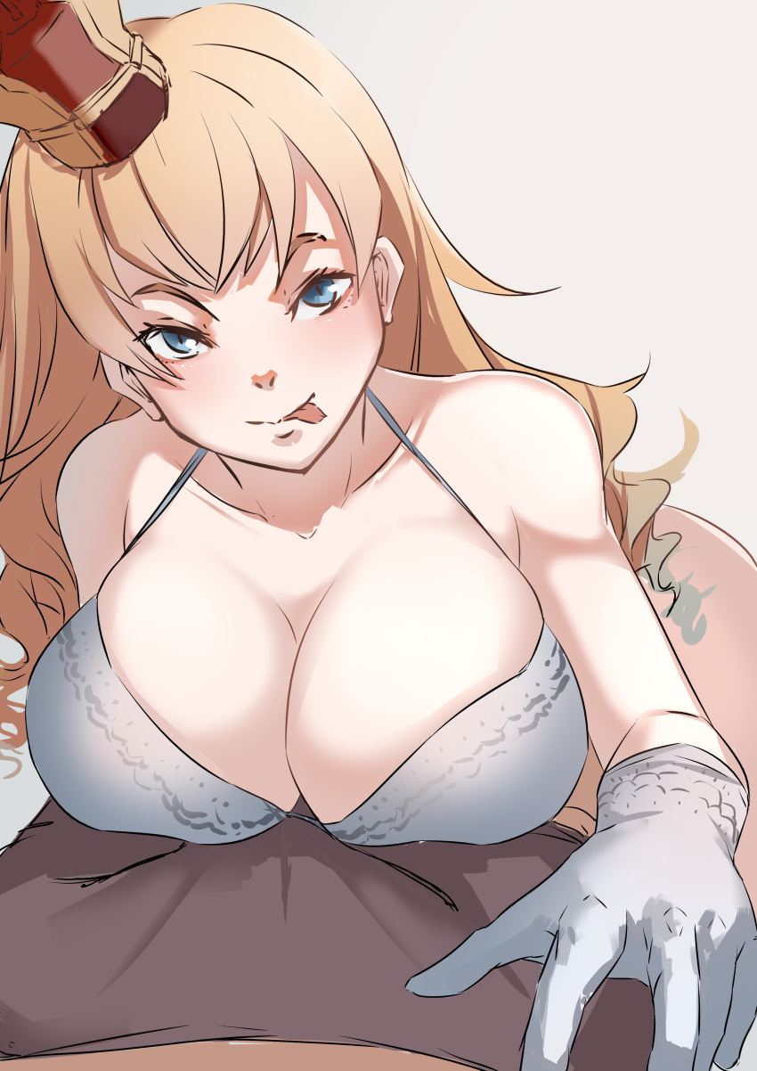 absurdres blonde_hair blue_eyes bra breasts chinese_commentary cleavage collarbone commentary_request crown female gloves highres large_breasts lion_(warship_girls_r) long_hair looking_at_viewer lubikaya solo_focus tongue tongue_out underwear warship_girls_r white_background white_bra white_gloves