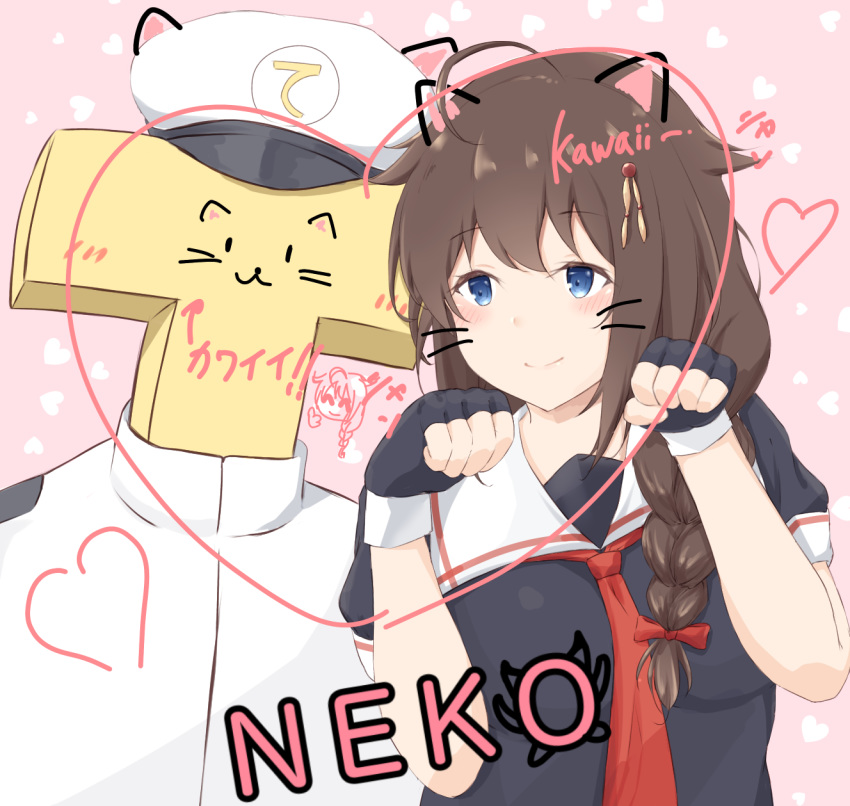 88942731ne admiral_(kancolle) animal_ears black_serafuku blue_eyes braid brown_hair commentary_request fake_animal_ears hair_flaps hair_ornament hair_over_shoulder heart highres kantai_collection necktie paw_pose school_uniform serafuku shigure_(kancolle) shigure_kai_ni_(kancolle) t-head_admiral translation_request