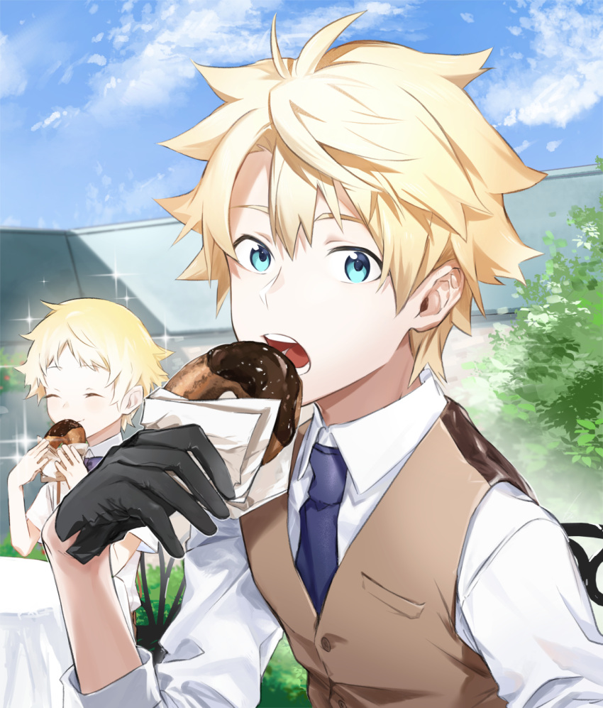 2boys alternate_hair_color black_gloves blonde_hair blue_eyes blue_necktie blue_sky brown_vest closed_eyes cloud collared_shirt commentary_request day doughnut eating fate/grand_order fate_(series) food fujimaru_ritsuka_(male) gloves hair_between_eyes haisato_(ddclown14) highres looking_at_viewer male_focus multiple_boys necktie open_mouth outdoors plant pocket shirt short_hair sky vest voyager_(fate) white_shirt