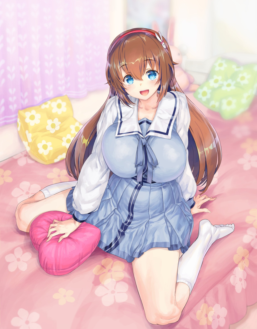 :d absurdres arm_support bedroom blue_eyes blue_shirt blue_skirt blush breast_press breasts brown_hair commission curvy female fujisaki_yua hair_between_eyes highres huge_breasts indoors kikuru_(vtuber) kiyama_satoshi long_hair long_sleeves looking_at_viewer miniskirt neck_ribbon no_shoes open_mouth pleated_skirt raglan_sleeves ribbon sailor_collar school_uniform shirt sitting skeb_commission skirt smile socks solo toe_scrunch very_long_hair virtual_youtuber wariza white_sailor_collar white_socks