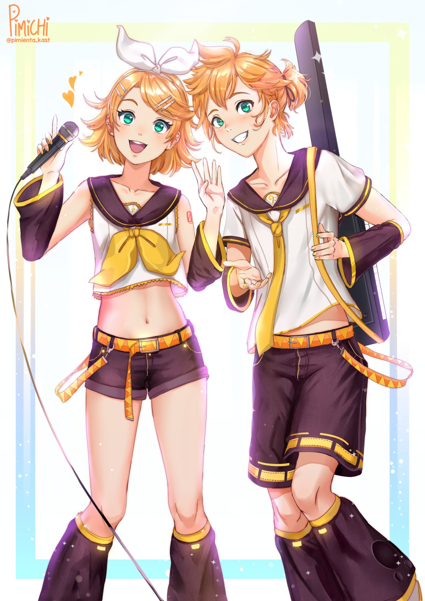 1boy absurdres ahoge anniversary artist_name bare_shoulders bass_clef belt blonde_hair bow collarbone commentary crop_top detached_sleeves female flat_chest green_eyes grin hair_ornament hairbow hairclip heart highres holding holding_microphone instrument instrument_case instrument_on_back kagamine_len kagamine_rin keytar leg_warmers looking_at_viewer microphone midriff navel neckerchief necktie number_tattoo open_mouth pimienta_kast sailor_collar short_hair short_ponytail shorts shoulder_tattoo smile sparkle tattoo treble_clef twitter_username vocaloid yellow_nails yellow_neckerchief yellow_necktie