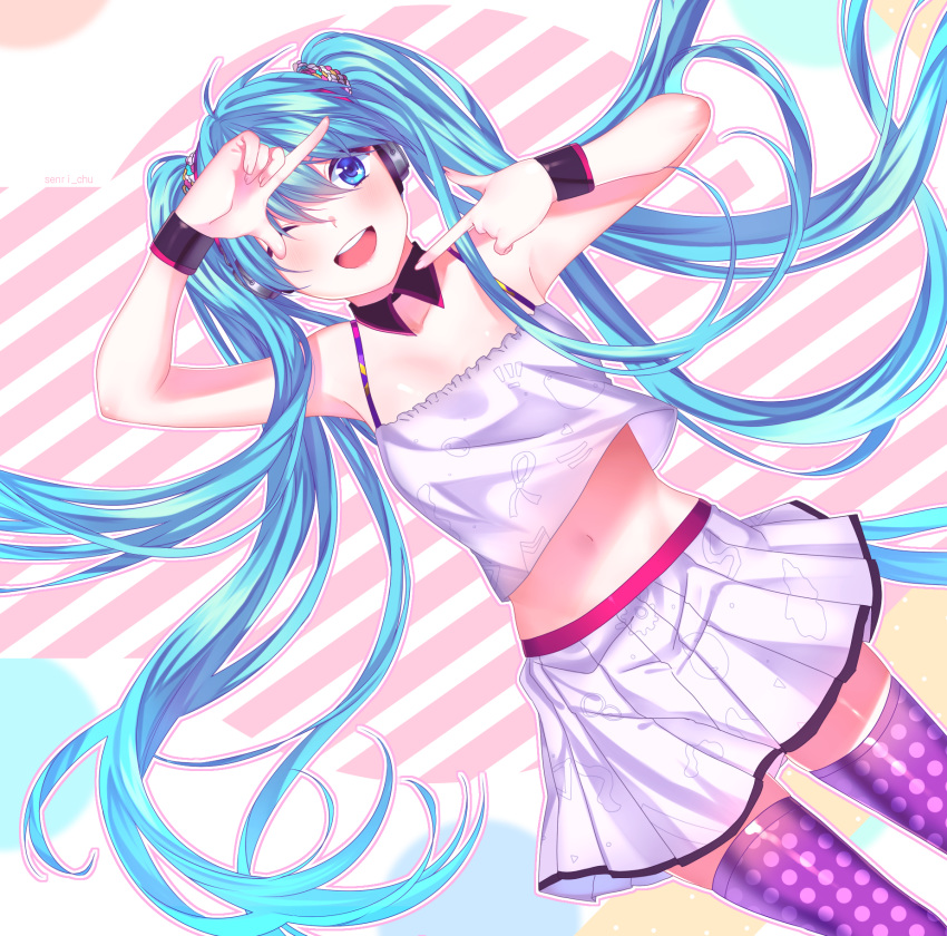 ;d bad_id bad_pixiv_id blue_eyes blue_hair collarbone detached_collar female floating_hair hair_ornament hatsune_miku headphones highres long_hair looking_at_viewer midriff miniskirt navel one_eye_closed open_mouth pleated_skirt polka_dot polka_dot_legwear purple_thighhighs redial_(vocaloid) shiny_skin skirt sleeveless smile solo standing stomach striped striped_background superdiviatomic tank_top thighhighs twintails very_long_hair vocaloid white_skirt white_tank_top wristband zettai_ryouiki