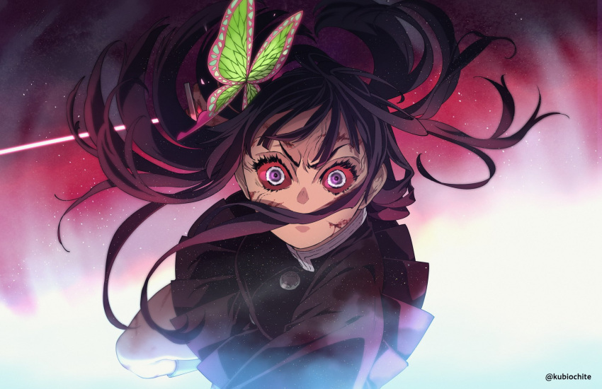 aiming aiming_at_viewer angry black_hair black_skirt blood blood_on_face breasts butterfly_hair_ornament charging_forward colored_sclera covered_mouth cuts dalc_rose demon_slayer_uniform female floating_hair furrowed_brow hair_ornament hair_over_mouth highres holding holding_sword holding_weapon injury kimetsu_no_yaiba kneehighs long_hair long_sleeves looking_at_viewer messy_hair pleated_skirt purple_eyes red_sclera side_ponytail skirt skirt_set socks solo spoilers sword tsuyuri_kanao veins weapon