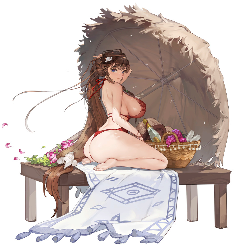 ass bare_legs barefoot basket beach_umbrella blue_eyes bottle breasts brown_hair butt_crack carpet champagne_bottle covered_nipples cup daphne_(last_origin) drinking_glass female floral_print flower food from_side fruit full_body game_cg grapes hair_ornament highres huge_breasts large_breasts last_origin leaf light_smile long_hair looking_at_viewer looking_back low-tied_long_hair median_furrow official_alternate_costume official_art on_table one-piece_swimsuit one-piece_thong pearl_hair_ornament petals purple_flower red_one-piece_swimsuit rorobomb seashell see-through_one-piece_swimsuit seiza shadow shell shell_hair_ornament shiny_skin shoulder_blades sideboob sitting skindentation smile solo swimsuit table tachi-e thick_thighs thighs thong transparent_background umbrella very_long_hair wristband