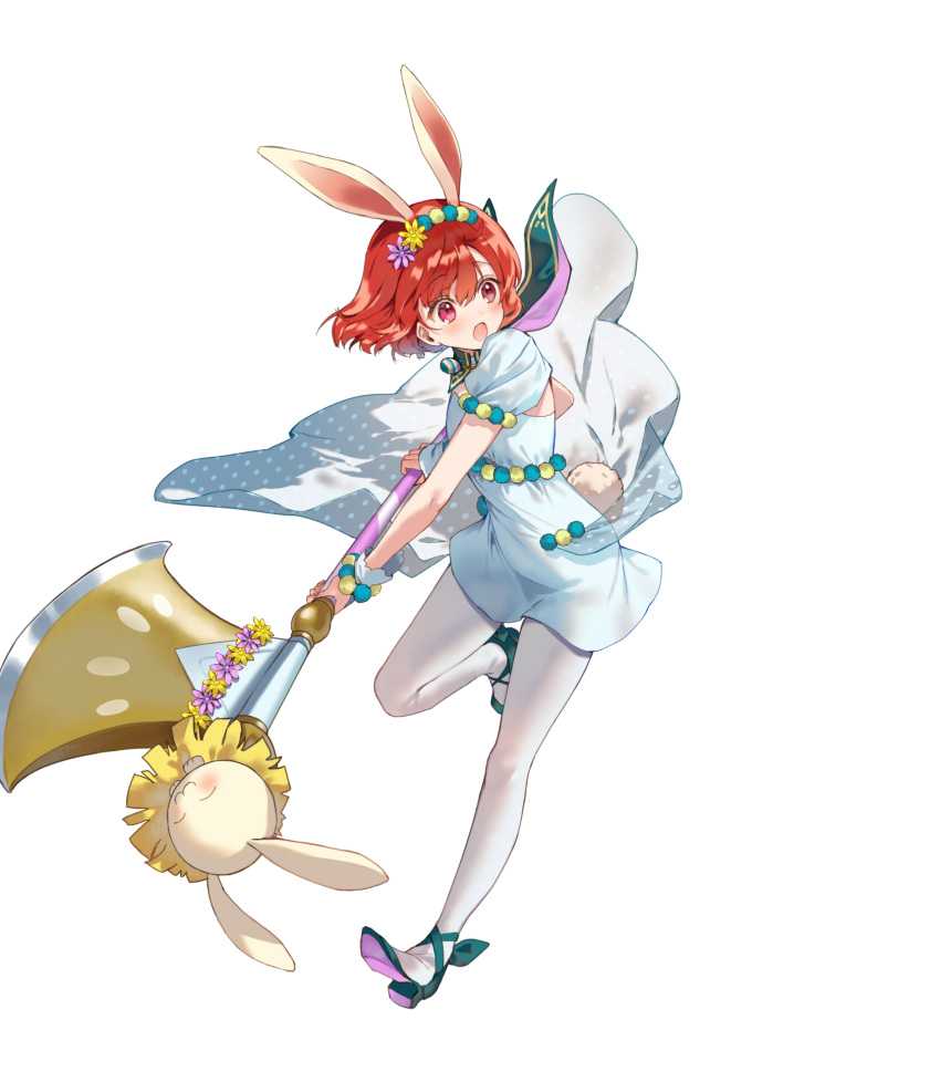 animal_ears axe blue_dress blue_footwear blush dress fake_animal_ears female fire_emblem fire_emblem:_mystery_of_the_emblem fire_emblem_heroes full_body hair_between_eyes hanekoto highres holding holding_axe holding_weapon maria_(fire_emblem) maria_(spring)_(fire_emblem) non-web_source official_art open_mouth pantyhose puffy_short_sleeves puffy_sleeves rabbit_ears red_eyes red_hair shoes short_hair short_sleeves solo transparent_background weapon white_pantyhose