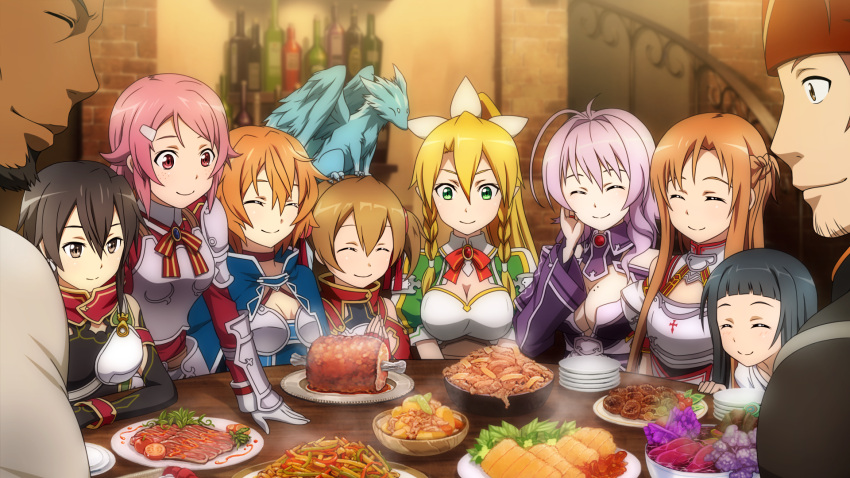 2boys 6+girls agil armor asuna_(sao) black_eyes black_hair blonde_hair breasts brown_hair cleavage closed_eyes dragon_on_head food freckles game_cg green_eyes highres indoors klein_(sao) leafa leafa_(sao:im) lisbeth_(sao) medium_breasts multiple_boys multiple_girls non-web_source official_art philia_(sao) pina_(sao) pink_hair purple_hair red_eyes silica sinon sinon_(sao:hf) smile strea_(sao) sword_art_online sword_art_online:_hollow_fragment yui_(sao)