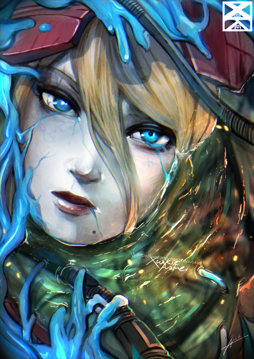 absurdres artstation_username blonde_hair blue_eyes broken_helmet close-up female highres looking_at_viewer metroid metroid_prime_3:_corruption mole mole_under_mouth phazon samus_aran signature submerged varia_suit veins watermark web_address xuuikie_ashe