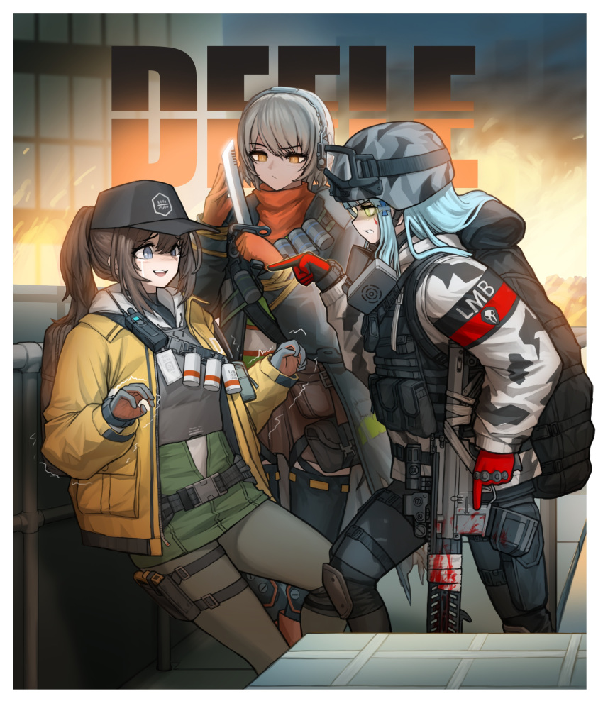 3girls absurdres acog assault_rifle bandolier character_name cheogtanbyeong cleaners combat_knife commentary dima_(girls'_frontline) duct_tape explosive girls'_frontline gloves goggles goggles_on_headwear grenade gun h&k_hk416 helmet highres hk416_(fang)_(girls'_frontline) hk416_(girls'_frontline) knife last_man_battalion mask mask_around_neck multiple_girls pointing respirator rifle rogue_division_agent scope tactical_clothes thighhighs tom_clancy's_the_division trigger_discipline vector_(girls'_frontline) vector_(hellfire)_(girls'_frontline) weapon winter_uniform