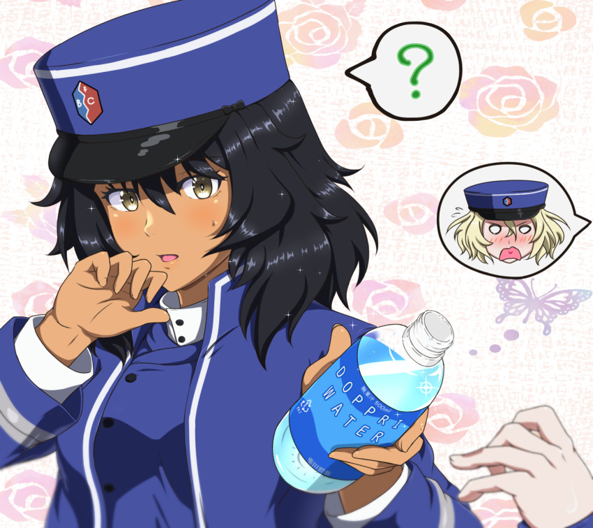 2girls ada_badguy andou_(girls_und_panzer) bc_freedom_(emblem) bc_freedom_military_uniform black_hair blue_headwear blue_jacket blush bottle brown_eyes bug butterfly commentary dark-skinned_female dark_skin emblem floral_background flying_sweatdrops frown girls_und_panzer giving hat highres jacket kepi long_sleeves medium_hair messy_hair military military_hat military_uniform multiple_girls o_o open_mouth oshida_(girls_und_panzer) out_of_frame solo_focus sparkle speech_bubble sweatdrop uniform water_bottle wiping_mouth