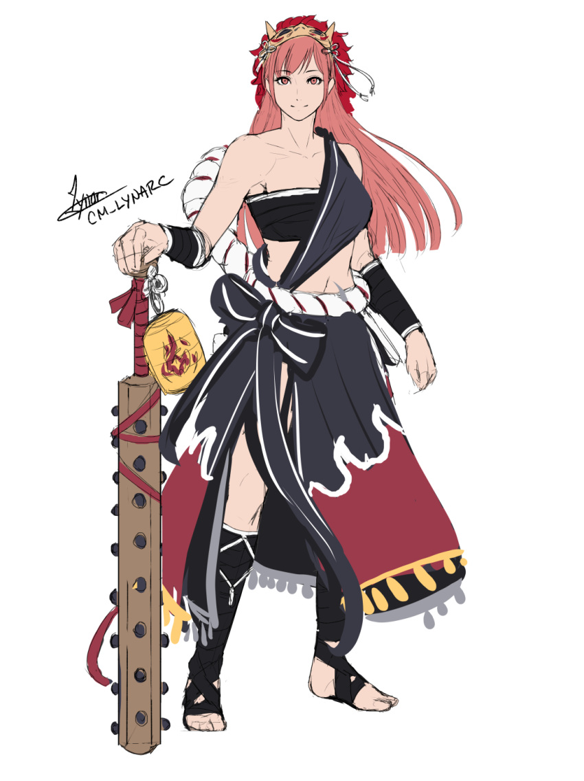 bandeau bare_shoulders black_shirt black_skirt breasts cherche_(fire_emblem) club_(weapon) cm_lynarc collarbone cosplay female fire_emblem fire_emblem_awakening fire_emblem_heroes full_body highres kanabou large_breasts long_hair looking_at_viewer lyn_(fire_emblem) lyn_(fire_emblem)_(cosplay) lyn_(flame)_(fire_emblem) lyn_(flame)_(fire_emblem)_(cosplay) mask mask_on_head midriff navel pink_eyes pink_hair shirt side_slit simple_background single-shoulder_shirt skirt smile solo standing stomach strapless tube_top very_long_hair weapon white_background