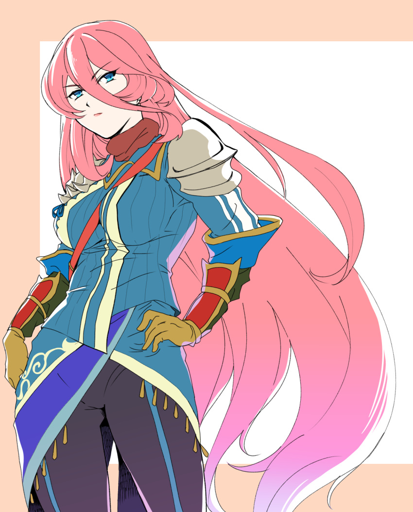 armor black_pants blue_eyes blue_jacket blue_ribbon breasts collared_jacket cowboy_shot female frown gloves hair_between_eyes hand_on_own_hip highres jacket large_breasts long_hair megido72 pants pink_hair ribbed_jacket ribbon sash shiina_satsuki_(pixiv2890507) shoulder_armor solo very_long_hair vual_(megido72)