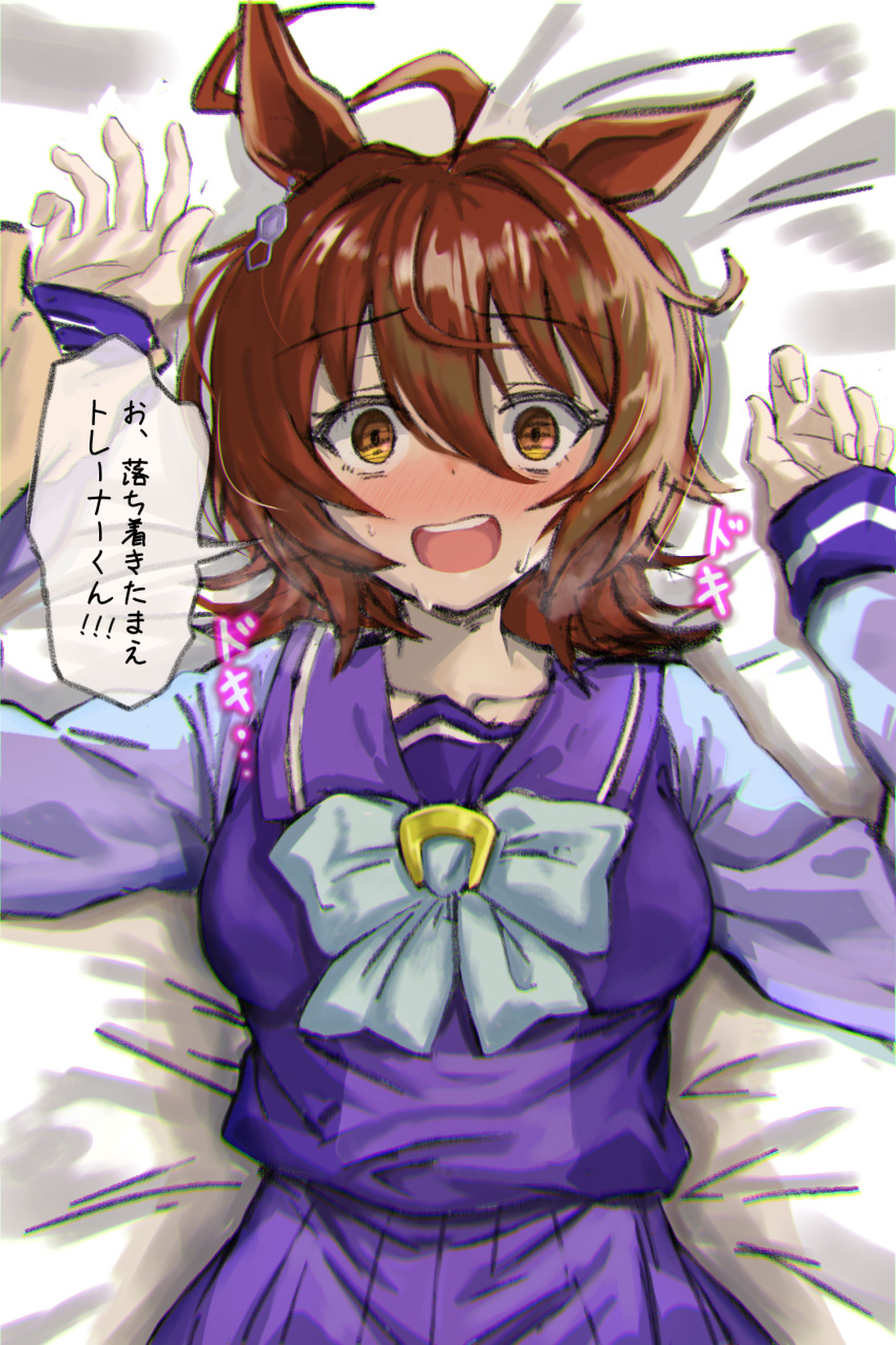 1boy :o agnes_tachyon_(umamusume) ahoge animal_ears bad_id bad_pixiv_id blue_bow blush bow bowtie breasts brown_hair commentary earrings female full-face_blush hair_between_eyes heartbeat highres holding_another's_wrist horse_ears horse_girl horseshoe_ornament jewelry long_hair long_sleeves lying medium_breasts on_back on_bed pleated_skirt pov pov_hands purple_shirt purple_skirt sailor_collar sailor_shirt school_uniform sekitsuki_hayato shirt single_earring skirt speech_bubble sweat talking tracen_school_uniform trainer_(umamusume) translated umamusume upper_body winter_uniform yellow_eyes