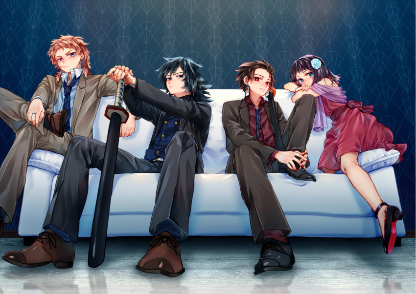 3boys black_hair black_jacket black_pants blue_eyes blue_necktie blue_shirt brown_footwear brown_hair brown_jacket brown_pants brown_suit closed_mouth collared_shirt couch dress dress_shirt earrings female flower formal full_body hair_flower hair_ornament hajime_(sakuraofsunset) hands_on_hilt indoors jacket jewelry kamado_tanjirou katana kimetsu_no_yaiba knee_up long_sleeves looking_at_viewer makomo_(kimetsu) medium_hair multiple_boys necktie pants ponytail purple_eyes red_dress red_eyes red_nails red_shirt ring sabito_(kimetsu) scabbard scar scar_on_cheek scar_on_face scar_on_forehead sheath sheathed shirt shoes sitting smile suit sword tassel tassel_earrings tomioka_giyuu weapon