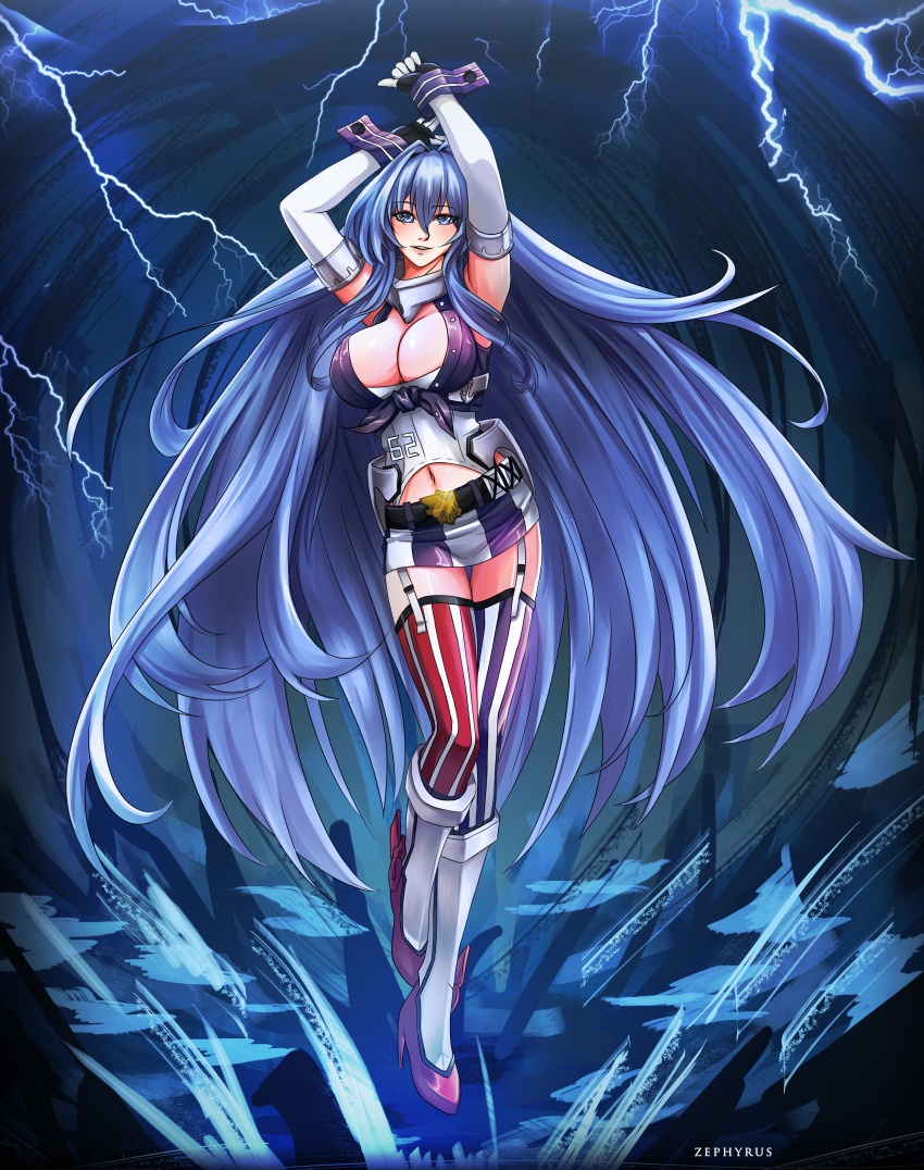 absurdres american_flag_legwear arms_up asymmetrical_legwear azur_lane black_gloves blue_eyes blue_hair boots breasts cleavage clothing_cutout collar commission cosplay detached_sleeves eagle_union_(emblem) female fingerless_gloves garter_straps gloves hair_between_eyes high_heel_boots high_heels highres iowa_(kancolle) iowa_(kancolle)_(cosplay) kantai_collection large_breasts long_hair looking_at_viewer metal_collar miniskirt mismatched_legwear navel_cutout new_jersey_(azur_lane) second-party_source skirt solo striped_clothes striped_skirt striped_thighhighs thighhighs trait_connection vertical-striped_clothes vertical-striped_skirt vertical-striped_thighhighs very_long_hair wrist_cuffs zephyrus_(zephyrial) zettai_ryouiki