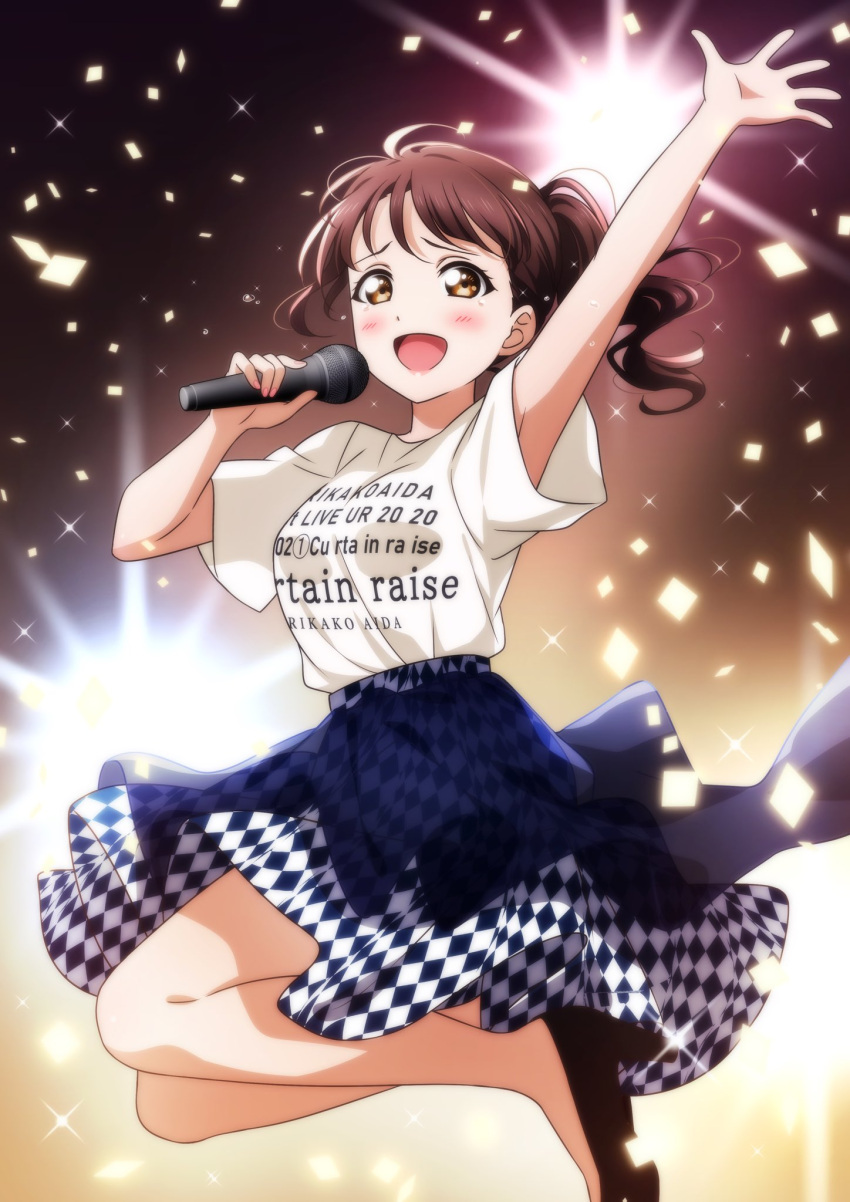 ahoge aida_rikako arm_up birthday blue_skirt blush breasts brown_hair commentary_request female highres holding holding_microphone kougi_hiroshi long_hair medium_breasts microphone open_mouth ponytail real_life shirt short_sleeves skirt solo tears voice_actor white_shirt yellow_eyes