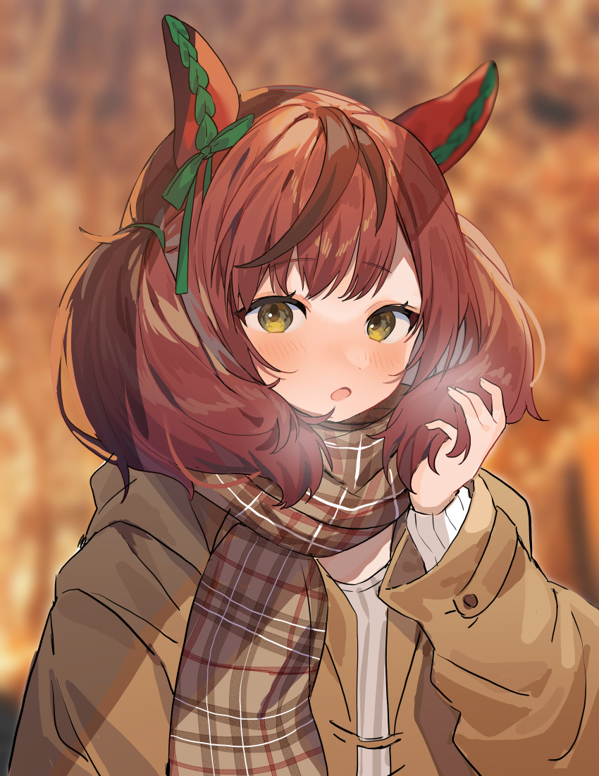 :o animal_ears blurry blurry_background blush brown_coat brown_eyes coat ear_covers ear_ribbon female highres holding holding_own_hair horse_ears horse_girl inuyayo long_sleeves looking_at_viewer medium_hair multicolored_hair nice_nature_(umamusume) open_mouth outdoors plaid plaid_scarf puffy_sleeves red_hair scarf solo steam streaked_hair sweater twintails umamusume upper_body white_sweater