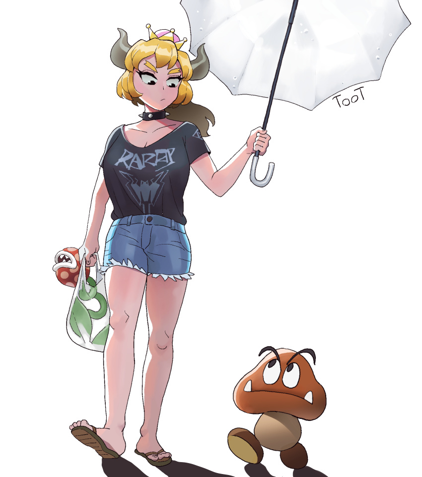 1other alternate_costume bag black_collar black_shirt blonde_hair blue_shorts bowsette collar crown female goomba highres holding holding_bag holding_umbrella horns korean_commentary long_hair mario_(series) new_super_mario_bros._u_deluxe piranha_plant ponytail sandals shadow shirt shirt_tucked_in shorts signature simple_background spiked_collar spikes super_crown toot umbrella white_background white_umbrella