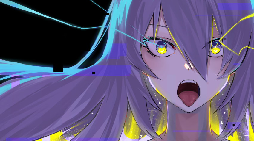 absurdres black_background blonde_hair colored_inner_hair commentary crescent female furai_sen gradient_hair highres hololive hololive_indonesia lightning long_hair moona_hoshinova multicolored_hair official_art open_mouth purple_eyes purple_hair starry_hair tongue tongue_out two-tone_hair virtual_youtuber