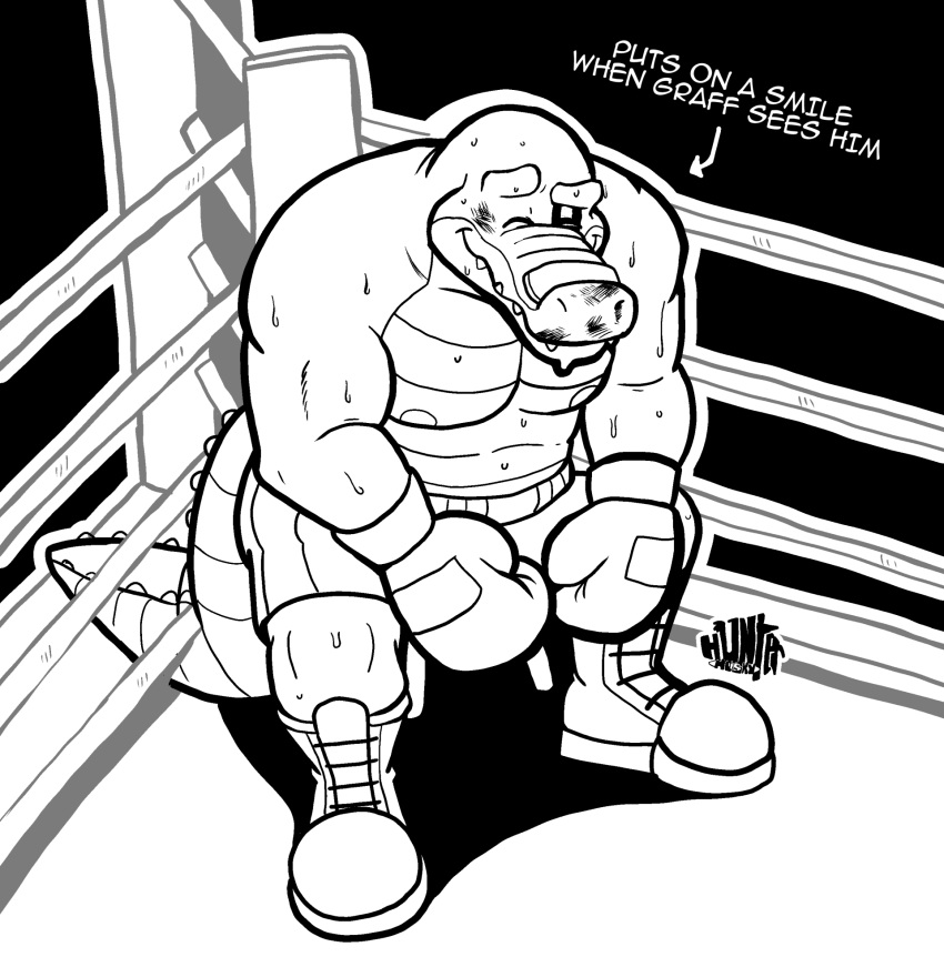 2021 alligator alligatorid anthro blood bodily_fluids bottomwear boxing_gloves boxing_shorts brok_(brok_the_investigator) brok_the_investigator clothing cowcat_games crocodilian english_text fighting_ring handwear hi_res hunter-husky male monochrome musclegut muscular nipples one_eye_closed reptile scalie shorts sitting solo text