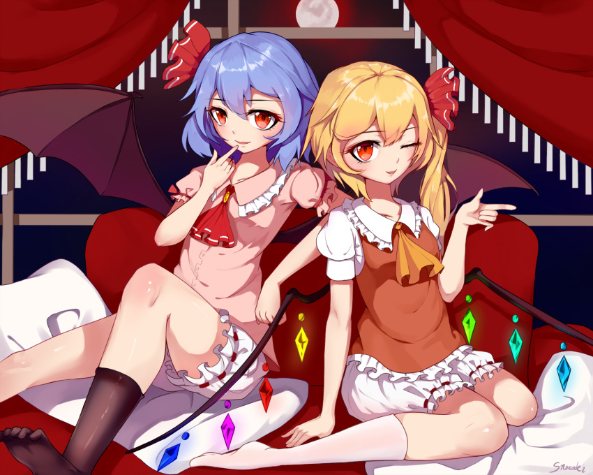 2girls artist_name ascot bat_wings bed black_legwear blonde_hair blue_hair blush breasts collarbone collared_shirt commentary_request crystal curtains eyelashes flandre_scarlet frills full_moon gem hair_between_eyes hair_ribbon hand_up highres indoors jewelry looking_at_viewer medium_breasts moon multicolored_wings multiple_girls night night_sky no_headwear no_shoes on_bed one_eye_closed one_side_up open_mouth orange_ascot pillow pink_shirt pointing puffy_short_sleeves puffy_sleeves red_ascot red_eyes red_ribbon red_vest remilia_scarlet ribbon shirt short_hair short_sleeves shorts siblings sisters sitting sky smile snozaki socks touhou vest white_shirt white_shorts white_socks window wings