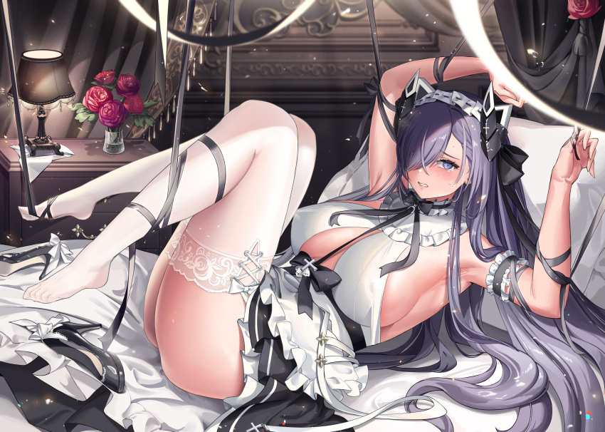 absurdres armpits ass august_von_parseval_(azur_lane) august_von_parseval_(the_conquered_unhulde)_(azur_lane) azur_lane bed blue_eyes blue_hair blush breasts commentary_request curled_horns female flower full_body hair_over_one_eye highres horns large_breasts long_bangs long_hair looking_at_viewer lying madaeng maid mechanical_horns official_alternate_costume on_back pillow red_flower red_rose rose shoes solo sweat thighhighs unworn_shoes white_thighhighs