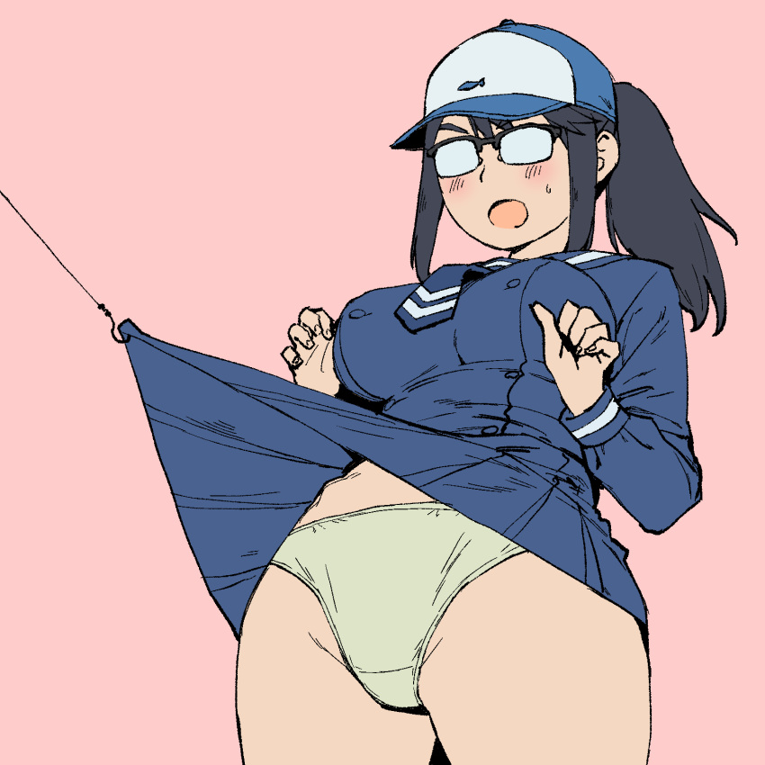 baseball_cap black-framed_eyewear blue_dress blue_hat blue_necktie blush clothes_lift commentary crotch_seam dress female fishing_hook fishing_line frown glasses green_panties hat highres houkago_teibou_nisshi lifting_another's_clothes long_sleeves looking_at_viewer medium_hair necktie onsen_tamago_(hs_egg) oono_makoto opaque_glasses open_mouth over-rim_eyewear panties pink_background pleated_dress ponytail sailor_dress semi-rimless_eyewear short_dress sidelocks simple_background skirt skirt_lift solo standing sweatdrop underwear