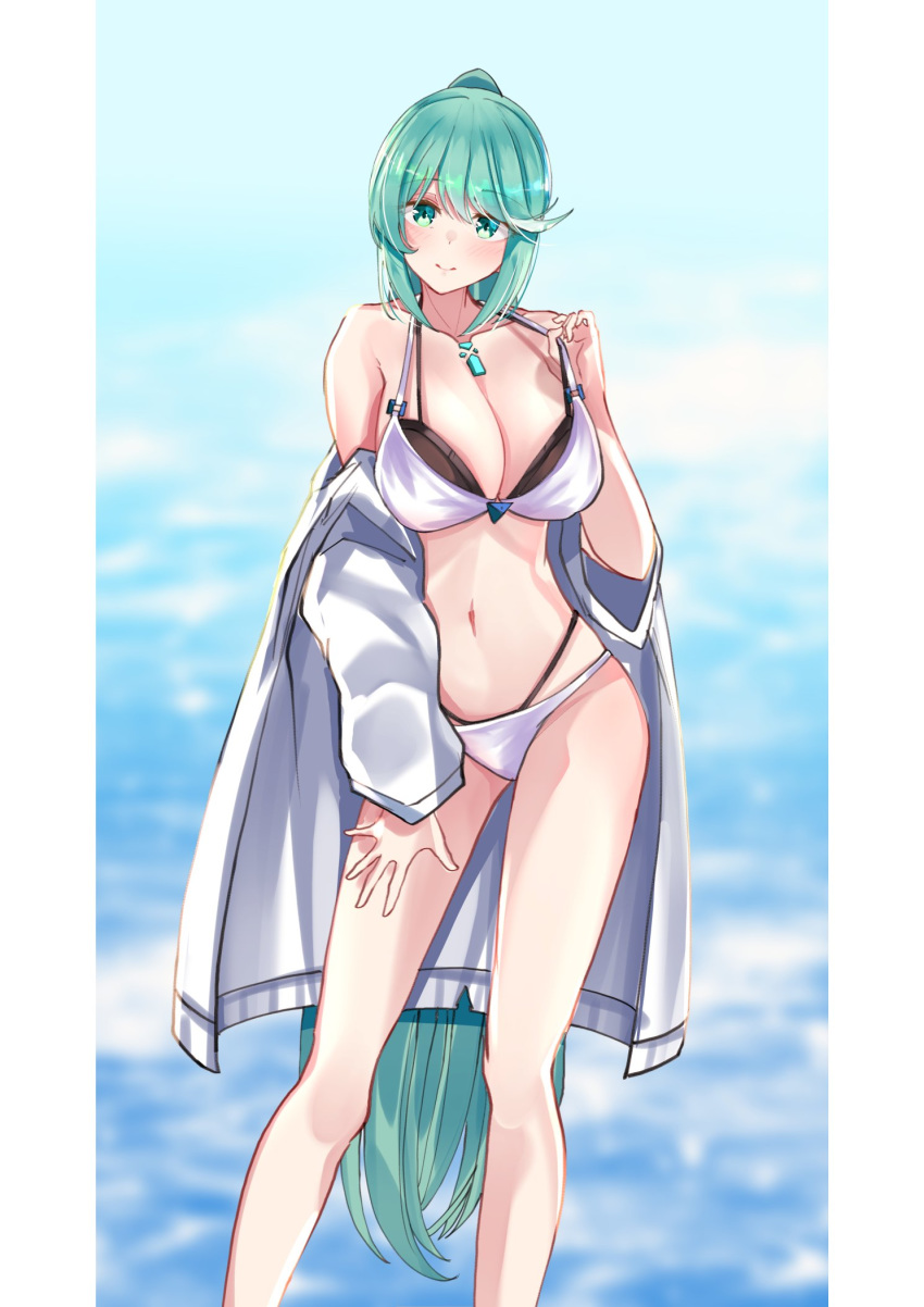 bikini black_bikini breasts chest_jewel cleavage contrapposto feet_out_of_frame female green_eyes green_hair highres large_breasts layered_bikini long_hair looking_at_viewer navel pneuma_(xenoblade) ponytail sarasadou_dan smile solo spoilers standing strap_pull swept_bangs swimsuit very_long_hair white_bikini xenoblade_chronicles_(series) xenoblade_chronicles_2