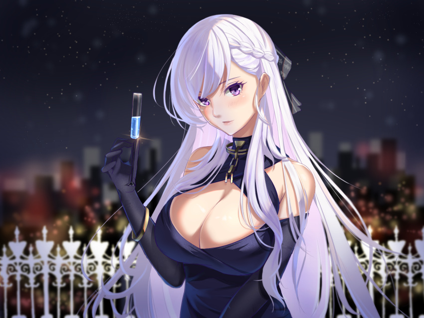 azur_lane bare_shoulders belfast_(azur_lane) belfast_(the_noble_attendant)_(azur_lane) black_bow bow braid breasts chains champagne_flute cleavage cleavage_cutout clothing_cutout criss-cross_halter cup dress drinking_glass elbow_gloves evening_gown female french_braid gloves gold gold_chain halter_dress halterneck large_breasts light_purple_hair looking_at_viewer marumai night official_alternate_costume purple_dress purple_eyes purple_gloves sleeveless sleeveless_dress solo