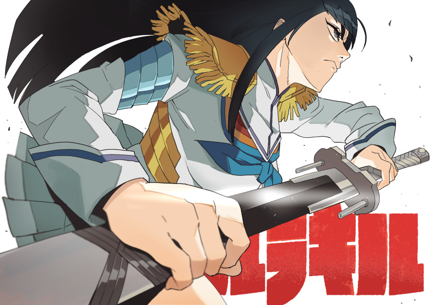 absurdres black_hair blue_eyes closed_mouth commentary_request female highres holding holding_sheath holding_sword holding_weapon junketsu katana kill_la_kill kiryuuin_satsuki korean_commentary long_hair school_uniform serafuku sheath skirt solo sword toot uniform unsheathing weapon white_skirt