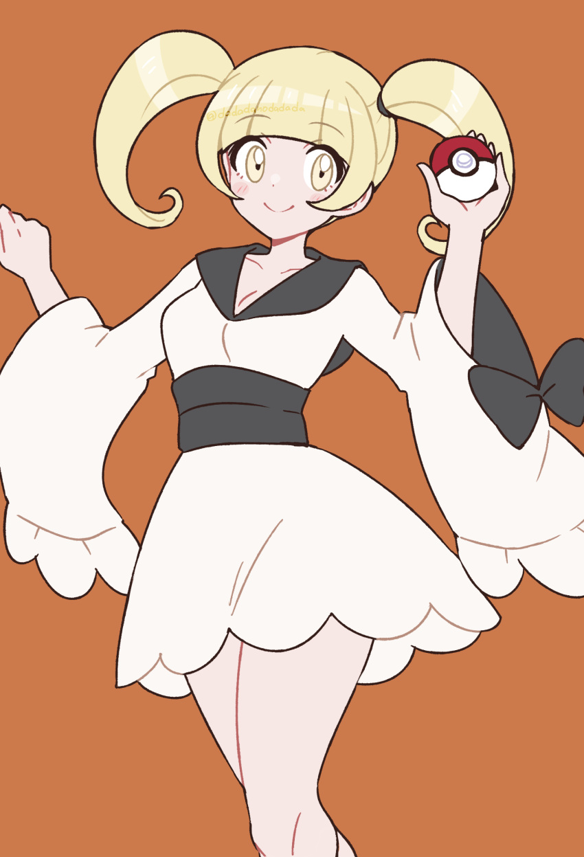 blonde_hair blunt_bangs blush breasts brown_background closed_mouth commentary_request dadadanoda eyelashes female furisode furisode_girl_(pokemon) furisode_girl_katherine hands_up highres holding holding_poke_ball japanese_clothes kimono looking_at_viewer poke_ball poke_ball_(basic) pokemon pokemon_xy sash smile solo twintails w_arms white_kimono wide_sleeves yellow_eyes