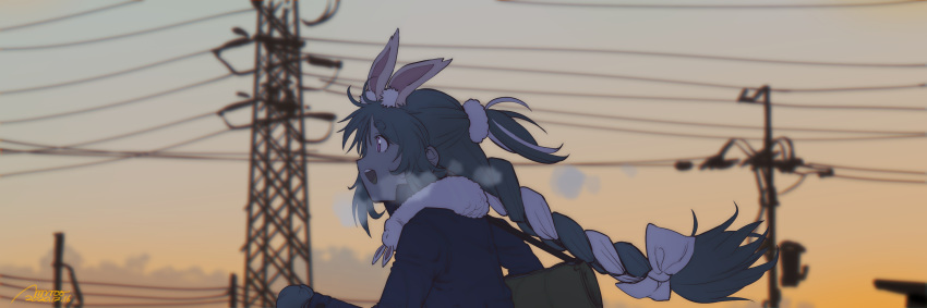 animal_ear_fluff animal_ears blue_hair blurry blurry_background blush braid coat dated don-chan_(usada_pekora) evening female from_side gloves hair_ribbon highres hololive long_hair long_sleeves multicolored_hair open_mouth outdoors power_lines rabbit_ears rabbit_girl ressanpanda ribbon round_teeth running scarf signature smile solo teeth thick_eyebrows twilight twin_braids two-tone_hair usada_pekora virtual_youtuber white_hair white_ribbon