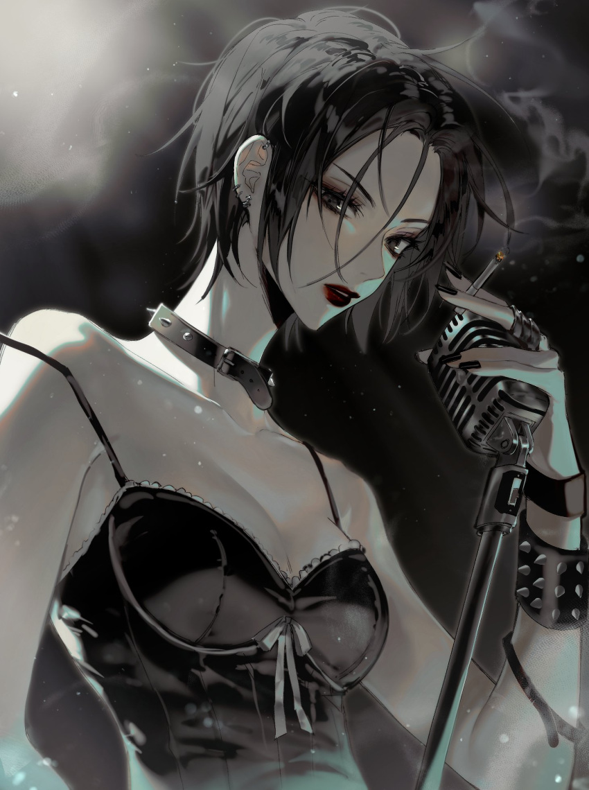 bare_shoulders beks_hd0 belt belt_collar black_background black_belt black_eyes black_hair black_nails breasts cigarette cleavage collar dress ear_piercing earrings eyelashes female fingernails fog gradient_background highres holding holding_cigarette holding_microphone jewelry korean_commentary lipstick looking_at_viewer makeup medium_breasts microphone nail nana_(series) osaki_nana pale_skin parted_bangs parted_lips piercing red_lips short_hair sidelocks sleeveless sleeveless_dress smoke solo strap_slip upper_body