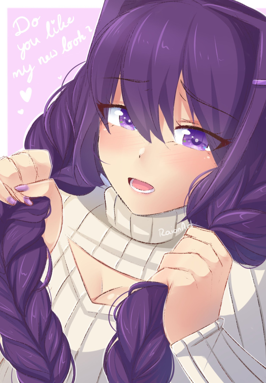 alternate_hairstyle artist_name braid breasts cleavage cleavage_cutout clothing_cutout commentary doki_doki_literature_club english_commentary english_text eyes_visible_through_hair female hair_between_eyes hair_ornament hairclip highres holding holding_own_hair large_breasts long_hair long_sleeves looking_at_viewer nail_polish open_mouth purple_eyes purple_hair purple_nails raion_(raionart) ribbed_sweater solo sweater turtleneck turtleneck_sweater twin_braids upper_body white_sweater yuri_(doki_doki_literature_club)