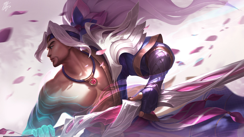 1boy beard black_gloves closed_mouth english_commentary facial_hair fingerless_gloves from_side gloves gradient_background grey_background highres holding holding_weapon jewelry league_of_legends long_hair male_focus necklace petals ponytail profile solo spirit_blossom_yasuo upper_body vegacolors weapon white_hair yasuo_(league_of_legends)