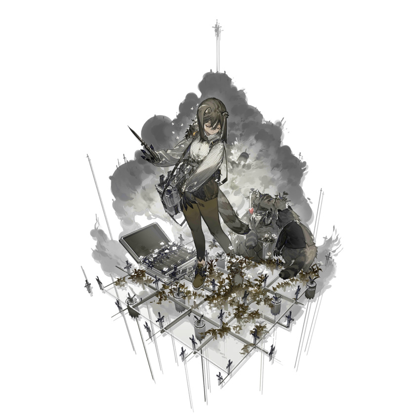 animal animal_ears animal_hands arknights azling bags_under_eyes barcode black_hair black_shorts briefcase brown_footwear closed_eyes elite_ii_(arknights) female freckles full_body highres holding holding_knife holding_weapon knife leggings long_sleeves looking_at_viewer official_art raccoon raccoon_ears raccoon_tail robin_(arknights) shirt shoes short_hair shorts solo standing tail transparent_background weapon white_shirt