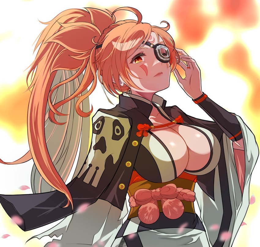 amputee baiken big_hair black_jacket black_kimono breasts et_chi eyepatch facial_tattoo female guilty_gear guilty_gear_strive jacket jacket_on_shoulders japanese_clothes kimono large_breasts long_hair long_sleeves looking_at_viewer multicolored_clothes multicolored_kimono one-eyed open_clothes open_kimono orange_eyes pink_hair ponytail samurai scar scar_across_eye solo tattoo torn_sleeve white_kimono