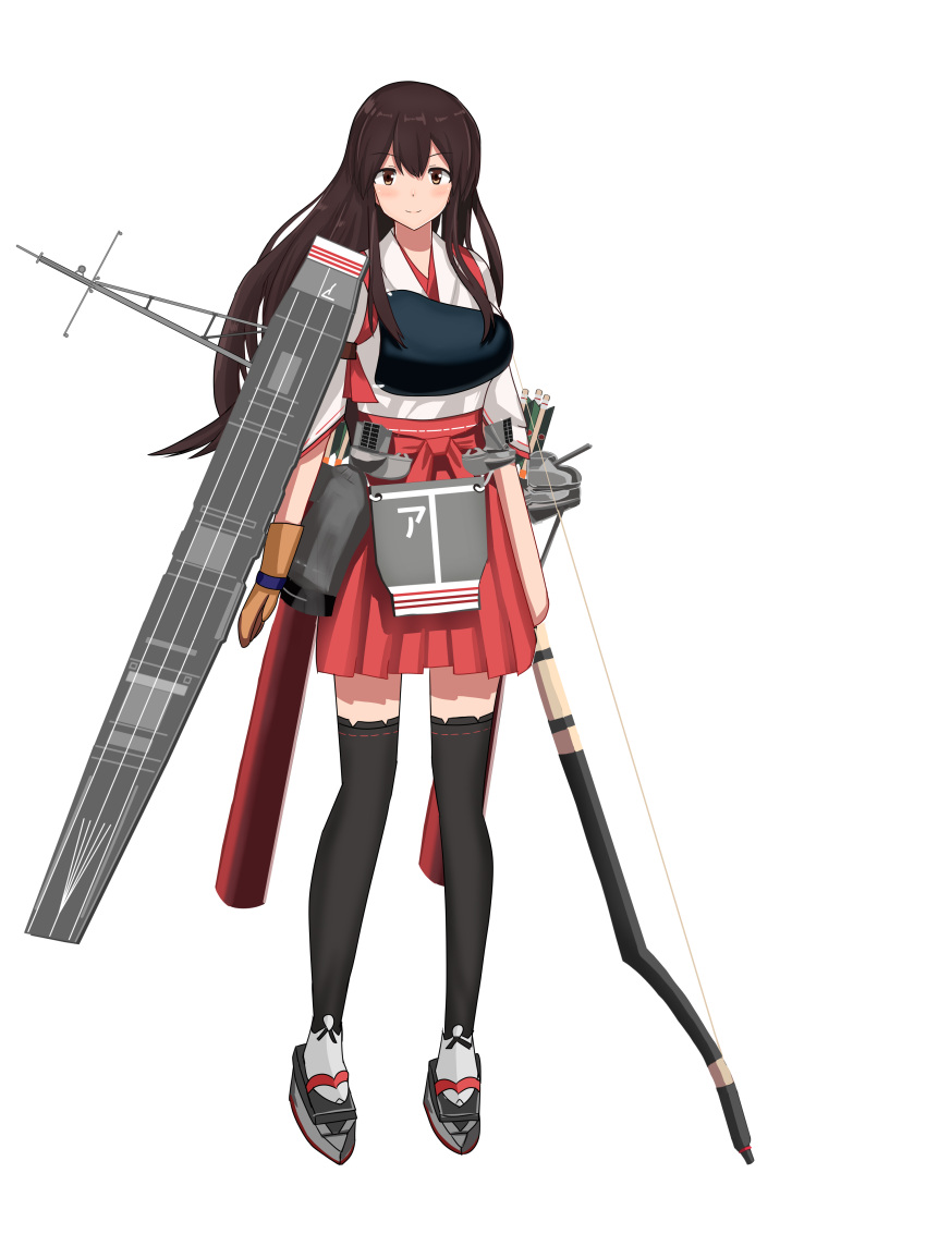 absurdres akagi_(kancolle) akagi_kai_ni_(kancolle) arrow_(projectile) bow_(weapon) brown_eyes brown_hair commission female flight_deck full_body gaiters gloves hakama hakama_short_skirt hakama_skirt highres holding holding_bow_(weapon) holding_weapon hull_shoes japanese_clothes kantai_collection long_hair machinery muneate partially_fingerless_gloves pixiv_commission quiver red_hakama roko_roko_(doradorazz) simple_background skirt solo standing straight_hair tasuki thighhigh_gaiters thighhighs weapon white_background yugake yumi_(bow)