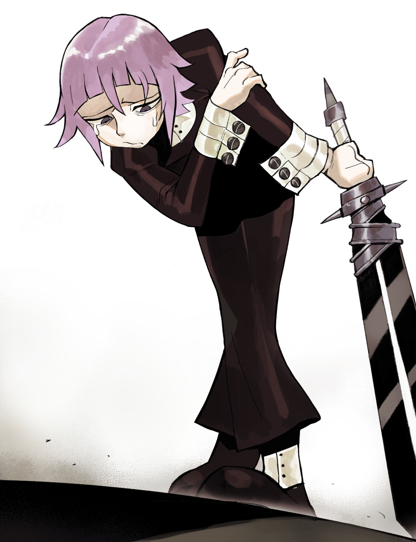 1other absurdres black_footwear crona_(soul_eater) crying hair_between_eyes highres holding holding_sword holding_weapon purple_eyes purple_hair ragnarok_(demon_sword) short_hair solo soul_eater spikes standing sword tears toot weapon wrist_cuffs