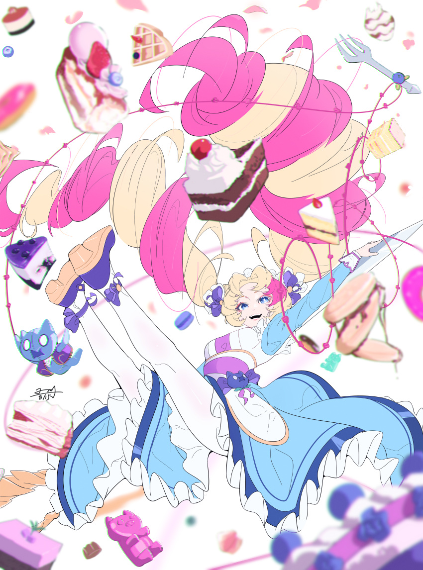 :d absurdres apron arm_up blonde_hair blue_bow blue_dress blue_eyes blue_footwear bow cafe_cuties_gwen cake dress female food fork green_dress gummy_bear gwen_(league_of_legends) hairbow high_heels highres league_of_legends multicolored_apron pantyhose pink_apron pink_hair smile solo stuffed_toy teeth two-tone_dress two-tone_footwear weiqiban white_apron white_background white_pantyhose