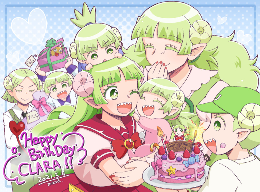 3boys 4girls baby baseball_cap birthday birthday_cake birthday_party bow cake candle candy candy_cane closed_eyes covering_own_mouth demon_girl demon_horns english_text family food gift green_hair hat heart horns looking_at_another mairimashita!_iruma-kun manaka_(pdx) multiple_boys multiple_girls one_eye_closed open_mouth pointy_ears red_nails sailor_collar school_uniform sharp_teeth smile teeth valac_clara valac_clara's_mother valac_keebow valac_konchie valac_ran_ran valac_sin_sin valac_urara